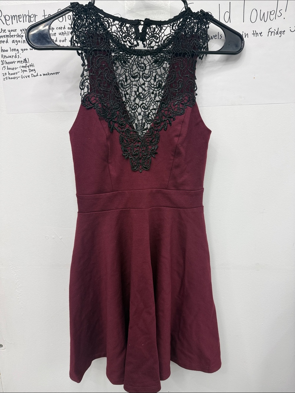 Material Girl Burgundy Mini Dress with Black Lace Yoke